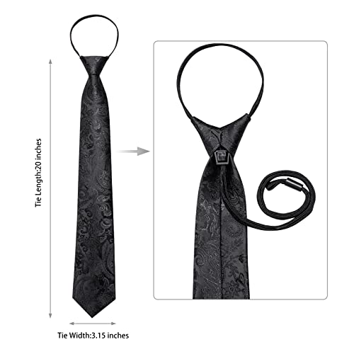 Image of DiBanGu Silk Zipper Ties for Men,Paisley Solid Plaid Pre-tied Tie and Pocket Square Cufflinks Set Formal Adjustable Necktie