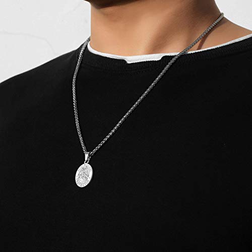P. BLAKE Oval Saint Christopher/Michael/Joseph/Jude/Virgin Mary/Joseph/Francis/Patrick/Anthony/Benedict/Thomas Necklace for Men Women, Stainless Steel Catholic Patron Pendant with Chain 24 Inches