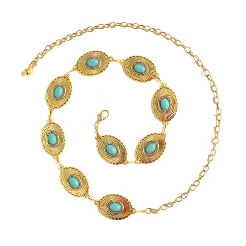 Women Western Metal Chain Belt Gold Silver Boho Turquoise Waist Belts for Dresses Jeans4