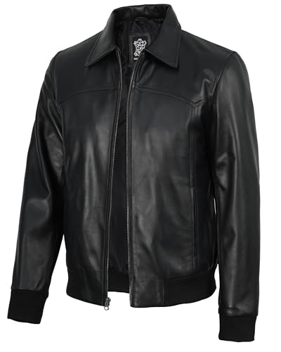 Image of Decrum Men's Bomber Leather Jacket - Vintage Style Real Lambskin Leather Jacket with Rib-Knit Cuffs and Hem