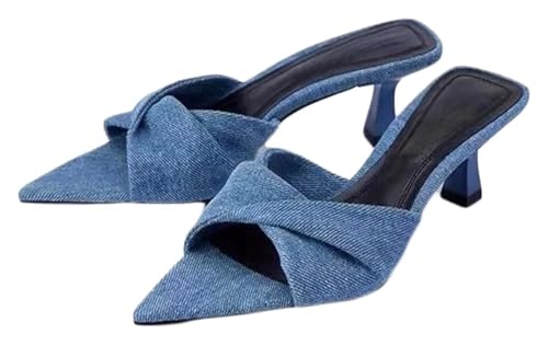 Women's Denim Heeled Sandals Kitten Heels Fashion Slingback Low Stiletto Slip-On Slides Sandals Open Pointed Toe Wedding Party Dress Slipper For Women - Main Image