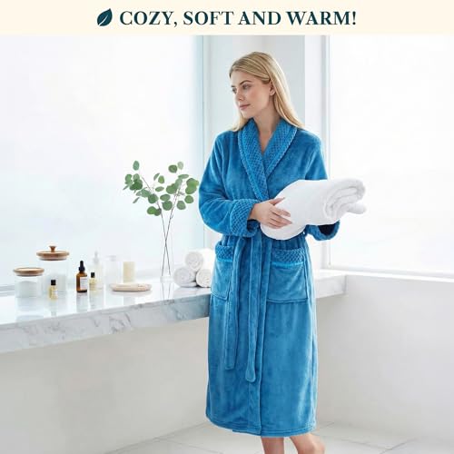 Image of PAVILIA Women's Plush Fleece Robe, Soft Cozy Long Bathrobe with Satin Waffle Trim, Warm Lightweight, Pockets & Tie Belt
