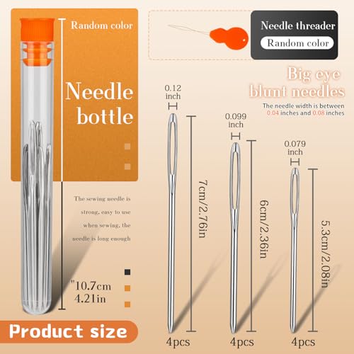 Image of TLKKUE 12 Pcs /3 Sizes Large-Eye Blunt Needles, Steel Yarn Needle with Needle Threader, Tapestry Needle for Sewing Crochet Knitting Embroidery (Silver 2.08in /2.36in /2.76in)