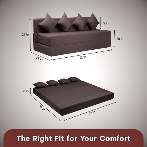 Image of Amazon Brand - Solimo 4 Seater 6 * 6 Jute Fabric Washable Cover Sofa Cum Bed with 4 Cushions 4 Seater Double Foam Fold Out Sofa Cum Bed (Finish Color - Brown Delivery Condition - Pre-Assembled)