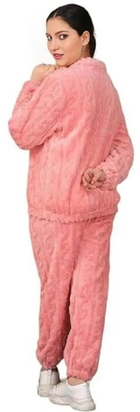 Image of Women's Fur Long Sleeve Nightsuit | Regular Fit Warm Top and Pyjama Set | Winter Wear Sweatpant Set for Women