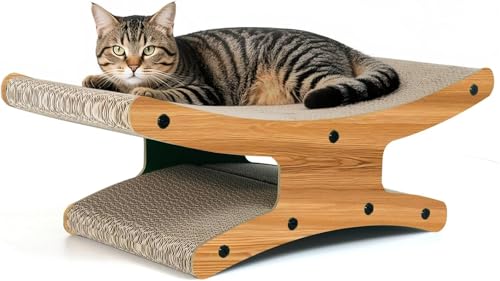 Seunkazz リバーシブル猫用爪とぎベッド、室内猫用大型爪とぎボード - 段ボールパッドと丈夫な猫用爪とぎラウンジハンモックチェア家具、天然木カラー