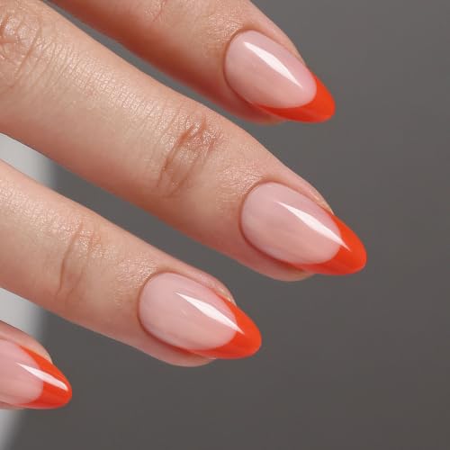 GJZEZ 32Pcs Press On Nails Soft Gel Fake Nail, Short Almond, Neon Orange