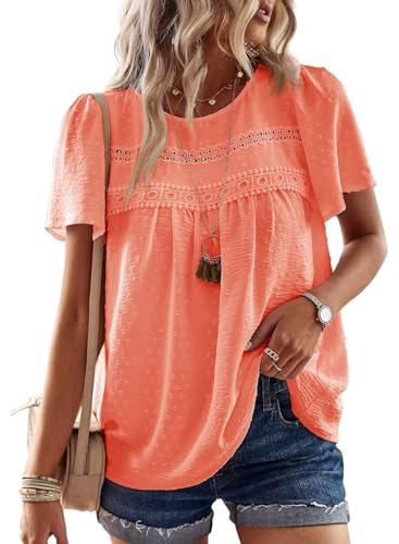 Image of Falechay Womens Summer Tops Crewneck Short Sleeve Shirts Casual Chiffon Blouses Flowy Lace Hem Boho Clothing Trendy 2026