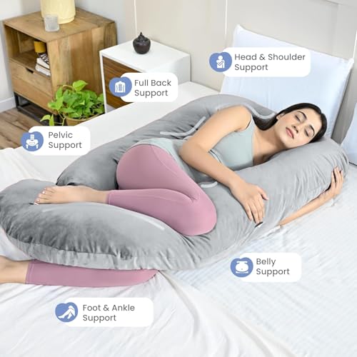 Image of G-Shaped Sleeping Pregnancy Pillow| Removable Velvet Covers| PregnoCare Fibres| Baby Shower Gift, Maternity, Nursing| Full Body Soft-Support Bump, Head, Back, Shoulder, Hips, Legs and Belly (Grey)