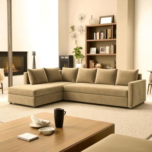 Image of FURNY Gloria 6 Seater Fabric LHS L Shape Sofa Set (Beige) Premium Velvet Finish | Durable Comfort | Ideal for Living Room