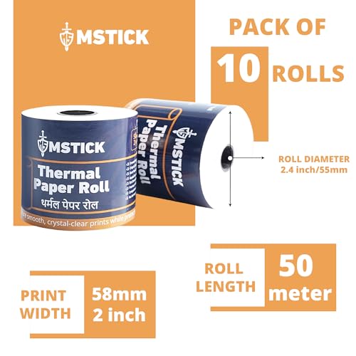 Image of MSTICK Premium Thermal Receipt Paper Rolls - 58mm (2 Inch) x 50 Meter - POS Billing Paper - Pack of 10 Rolls
