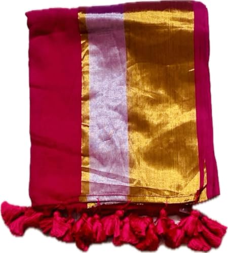 Image of Women's Mul Cotton Saree with Tassels | Soft Mulmul Saree | Woven Stripes & Zari Line | 5.5 Metres - Without Blouse