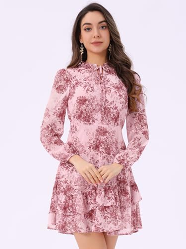 Image of Allegra K Women's Spring Dresses 2026 Tie V Neck Semi Sheer Long Sleeve Layered Tiered Chiffon Mini Floral Dress