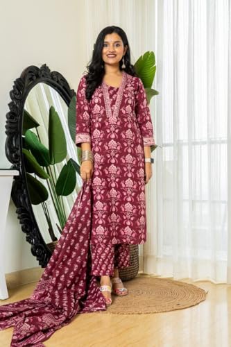 Nainvish Women's Viscose Rayon Printed Straight V-Neck Kurta Pant With Dupatta (Sd702_Kbd-M_Maroon)