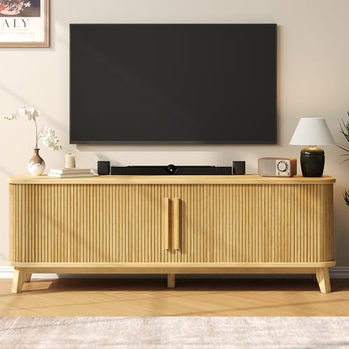 66″ TV Stand for 80 Inch TV, Modern Entertainment Center with Storage Cabinet and Adjustable Shelves, Mid-Century Wood Curved TV Media Console with Sliding Doors for Living Room, Bedroom, Natural Oak