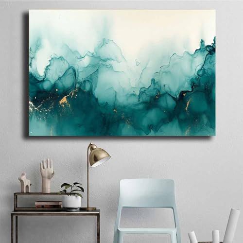 Décoration Murale Chambre Affiche Toile Abstraite Vert Fluide Doré - 4