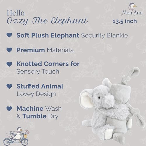 Image of MON AMI Ozzy The Elephant Plush Lovey for Babies | 13.5 inch Knotted Security Blanket | Soft Baby Comforter Toy | Perfect Newborn Essential for Birthdays & Baby Showers
