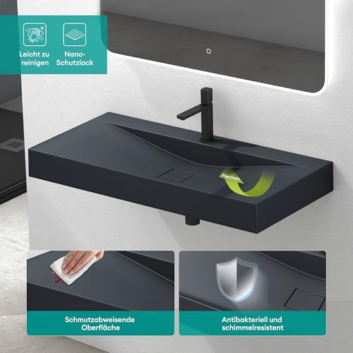 Mai & Mai Waschbecken Hängewaschbecken Aufsatzwaschbecken Mineralguss Anthrazit matt 1 Armaturenloch Rechteckig Breite: 100 cm Col810