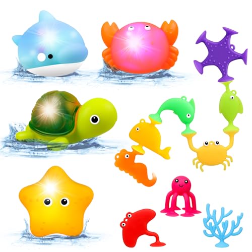 Image of Baby Bath Toys Light Up - No Hole Bath Toys - Sensory Toys for Toddlers - Baby Suction Pool Beach Bathtub Water Toys - Gifts for Boys Girls Kids 6 12 18 Months Age 1 2 3 Year Old Birthday