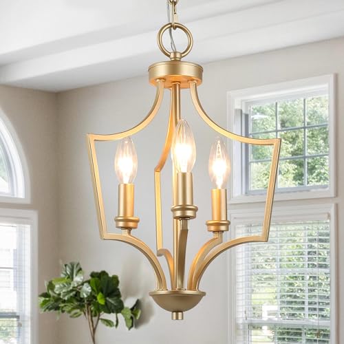 Image of KSANA Gold Pendant Lights Kitchen Island, 3-Light Small Modern Farmhouse Pendant Lighting, 11'' Geometric Lantern Pendant Chandeliers Light Fixture for Dining Room, Bedroom, Entryway