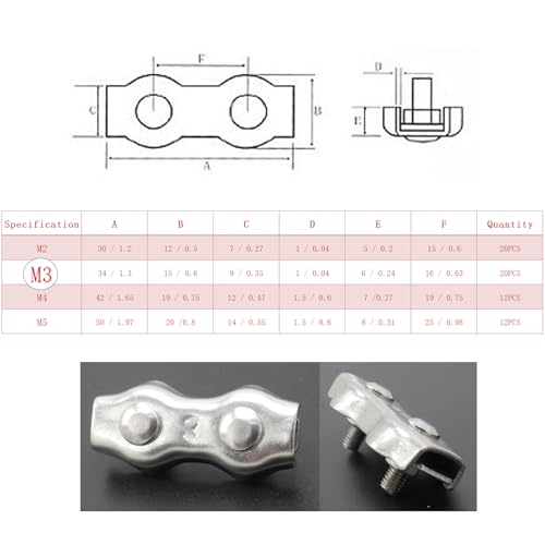 20pcs M3 Stainless Steel Duplex Wire Rope Clip Cable Clamp, Double Bolt Wire Cable Clamps, 2-Post Wire Rope Clip for 1/8 Inch Diameter Wire Cable