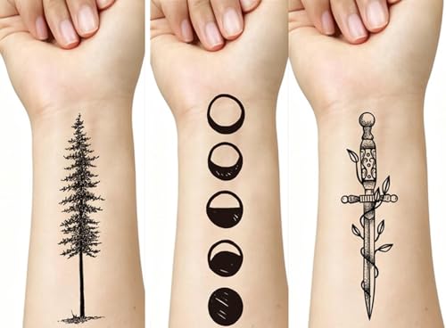 SanerLian Black Geometry Tree Tattoo Sticker Moon Phase Arrow Temporary Fake Tatoo Waterproof Men Women Arm Shoulder Back Body Art 13.8X4cm Set of 12 (SF298)