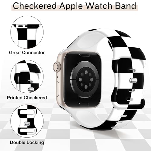Image of wipalor Checkered Bands for Apple Watch Bands for Women 46mm 45mm 44mm 42mm 49mm, Cute Sport Checkered iWatch Bands Soft Silicone iPhone Watch Bands Series 11 10 9 SE 8 7 6 5 4 3 Ultra-Black /White