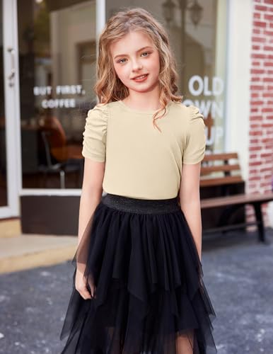 Image of Arshiner Girls Puff Short Sleeve Shirts Summer Ribbed Knit Crewneck T Shirt Tops Tee Blouse