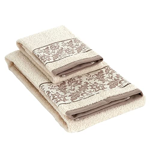 Baroni Home Set 2 Asciugamani Viso e Ospite, 100% Cotone, Asciugamani Bagno, Misure 50x100 e 40x50, Balze Damascate Crema
