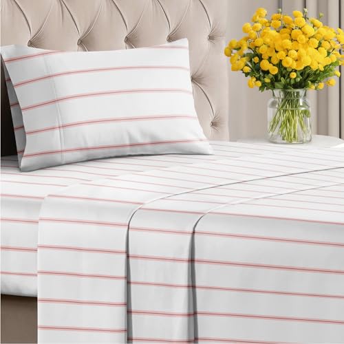 Image of Twin 3 Piece Striped Sheet Set - Soft, Breathable & Cooling - Red Stripe
