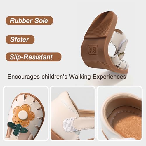 Image of Toddler Girl Sandals with Flower, Breathable Leather kids Closed Toe Sandals, Soft Rubber Non-Slip Summer Shoes for Little Girls 2-7 Years