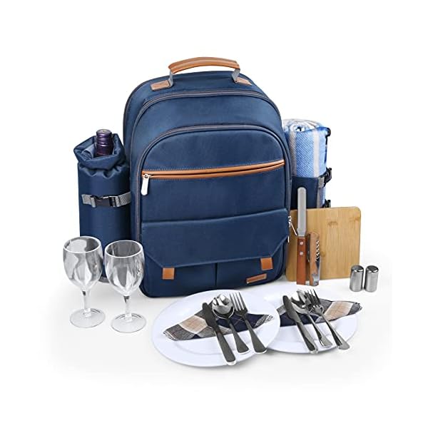 Sunflora Picnic Backpack for 2 Person Set Pack with Insulated Waterproof Pouch for Couple Outdoor Camping (Navy)