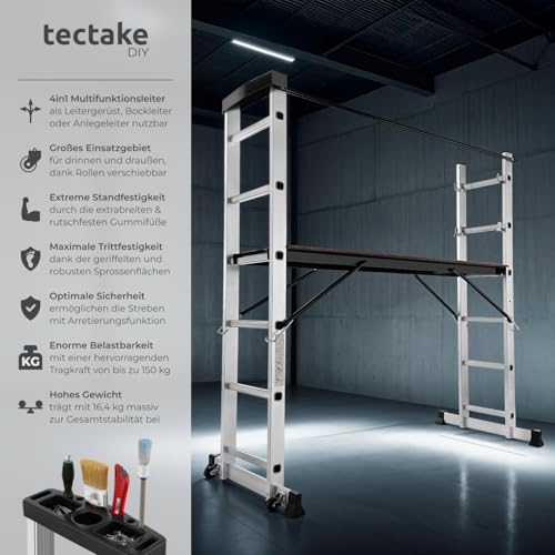 TecTake Gerüst, Leiter 4 in 1, Mobile Mehrzweckleiter, Arbeitsbühne, Baugerüst, Alu Gerüst, Rollgerüst mit Arbeitsplattform, Haushaltsleiter, belastbar bis max. 150 Kg - Silber