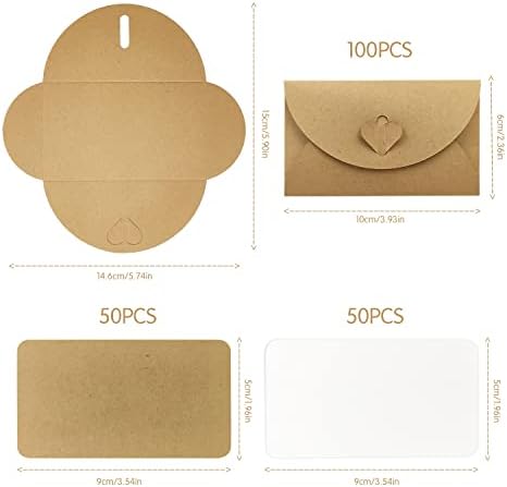 MAX COOK 200 Pcs Mini Gift Card Envelopes Small Kraft Paper Envelopes with Cute Heart Paper Clasp and Two Styles Blank Paper Cards for Christmas Valentine's Day Craft Gift Cards