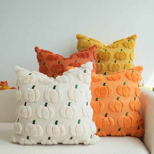 JOJUSIS Fall Pillow Covers Pack of 4 Pumpkin Throw Pillowcases Faux Fur Couch Cushion Orange 18 x 18 Inch