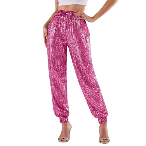 Pantalon décontracté à sequins moulant taille haute pour femme