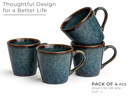 Image of Bodhi House Handcrafted Ceramic Tea Cup Set of 4 Pieces (175 Ml), Stoneware Coffee Mug, Microwave Safe Small Tea Cup, Glossy Finish, Ideal for Daily use, Casual Gatherings and Gifting, Greenish Blue
