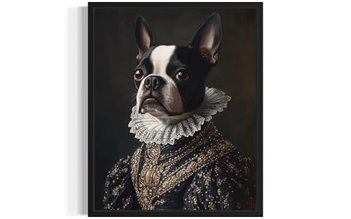 Image of Boston Terrier Victorian Queen Wall Art Print Poster, Dog Pet Lover Picture Painting Artwork Bedroom Living Room Office Dining Room 150D (Boston Terrier Victorian Queen, 16 x 20 inches, Black Frame)