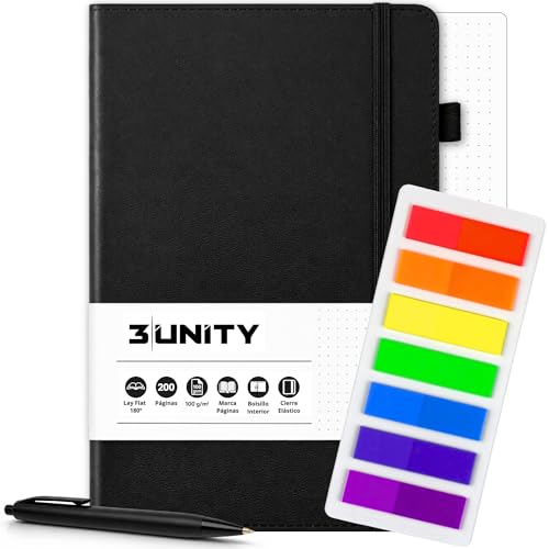 3|UNITY - Kit para Bullet Journal - Cuaderno A5 Punteado con Boligrafo y 140 Marcadores Adhesivos - Libreta A5 de Tapa Dura, Apertura 180º y 200 Páginas de 100g/m² - Ideal para Organización y hábitos