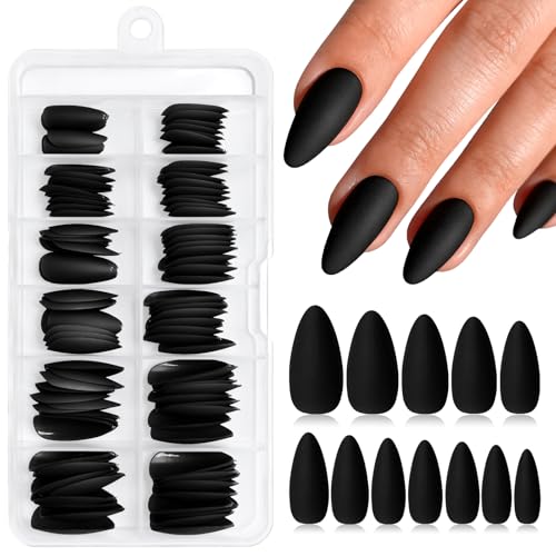 Bellelfin Black Medium Press on Nails Almond Nails Press ons with Jelly Tabs,120pcs Black Matte Fake Nails with Glue,12 Sizes Full Cover Acrylic Matte Medium Almond Nail Press Ons for Women