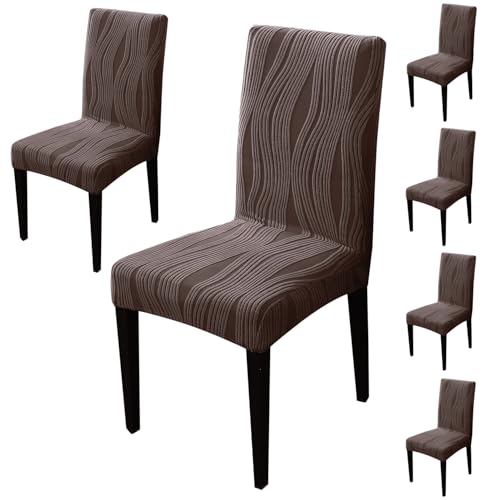 Image of HOKIPO 200 GSM Premium Knitting Jacquard Elastic Dining Table Chair Cover Set of 6, 'Nestiva Series' Chocolate Brown (AR-6072-BR)