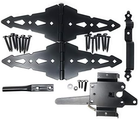 Wood Gate Hardware Set – Heavy Duty Kit for Fence Swing Gate- Outdoor Decorative Black Finish w/ 8” Strap Hinges and Spring Loaded Latch