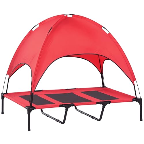 PawHut Elevated Dog Bed with Removable Canopy, Outdoor Dog Cot with UV Protection Canopy Shade, 48 inch Large Pet Bed for Camping, Red