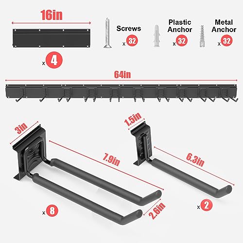 Mutilife Tool Storage Rack, 64Inch 4 Packs Rails &10 Packs Adjustable Hooks Garden Tool Organizer For Garage Tool Organizer Wall Mount, Aluminum Steel For Garden (64 Inches 4 Rail) Gifts For Men #TOP1