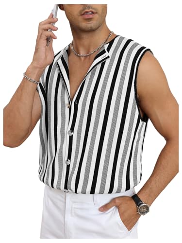 VIPWOLF Men's Striped Button Down Knit Tank Tops Lapel V Neck Sleeveless Knit Vest Tops Black Striped Small