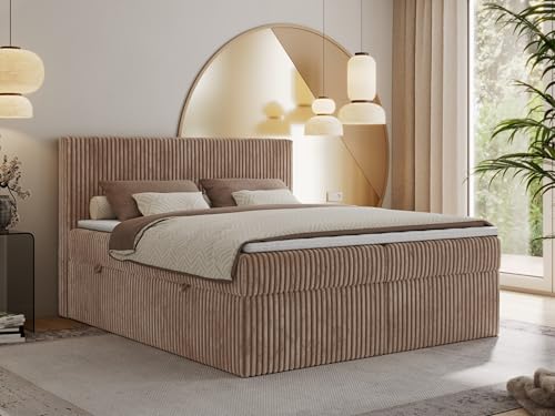 MKS MEBLE Boxspringbett 180x200 Braun Cord, Boxspringbett mit Matratze H3 + Topper T25, Bett mit Bettkasten and Kopfteil, Doppelbett mit Stauraum Polsterbett - Tiliano