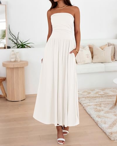 BTFBM Summer Maxi Dresses for Women 2025 Strapless Ruched Tube Top Flowy Beach Vacation Wedding Guest Fall Dress Pockets4