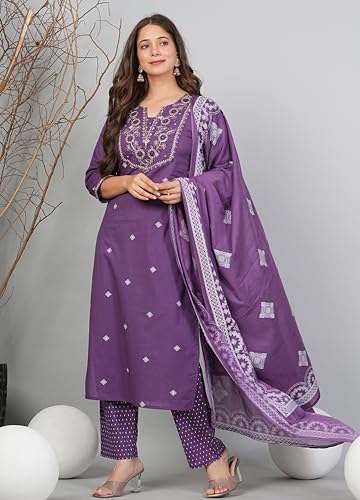 Image of Amayra Women's Pure Cotton Embroidered Straight Kurta Set with Palazzo Pants & Dupatta- Ethnic Wear