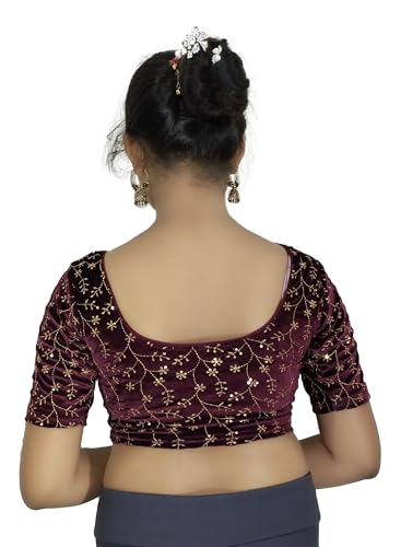 Image of PU Fashion Stylish Golden Embroidery Work Readymade Stretchable Velvet Blouse - Soft Breathable Fabric, Saree Blouse for Women
