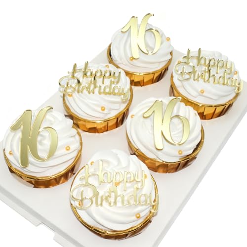 Happy Birthday Cupcake Party Decorations, Gold Mirror Acrylic，Acrylic Number Cupcake Topper,12 Pieces,16th Birthday Cake Toppers,16th Cupcake Topper,Sweet 16 (16th Birthday Cupcake)
